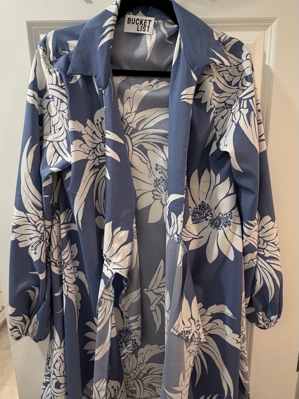 BUCKETLIST Blue and White Floral Open-Front Wrap Dress